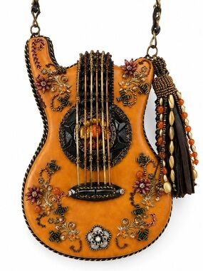 Mary Frances Hall of Fame Guitar Bag Brown Beaded Handbag Music Purse Tan RARE